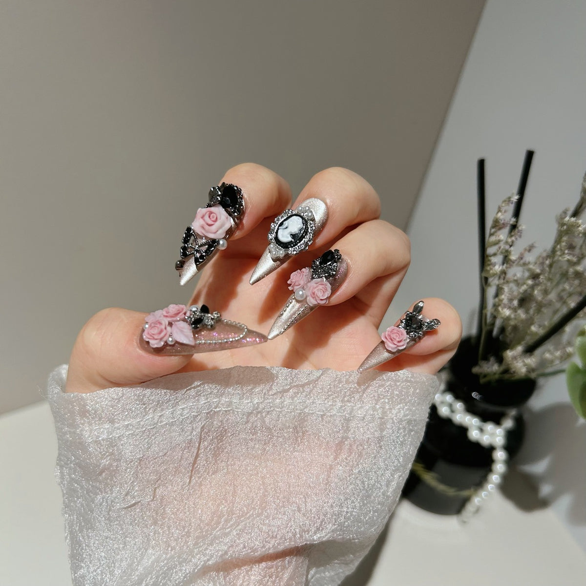 Pink Rose Butterfly Cat Eye Press-On Nails | 100% Handmade Luxury Gel Fake Nails