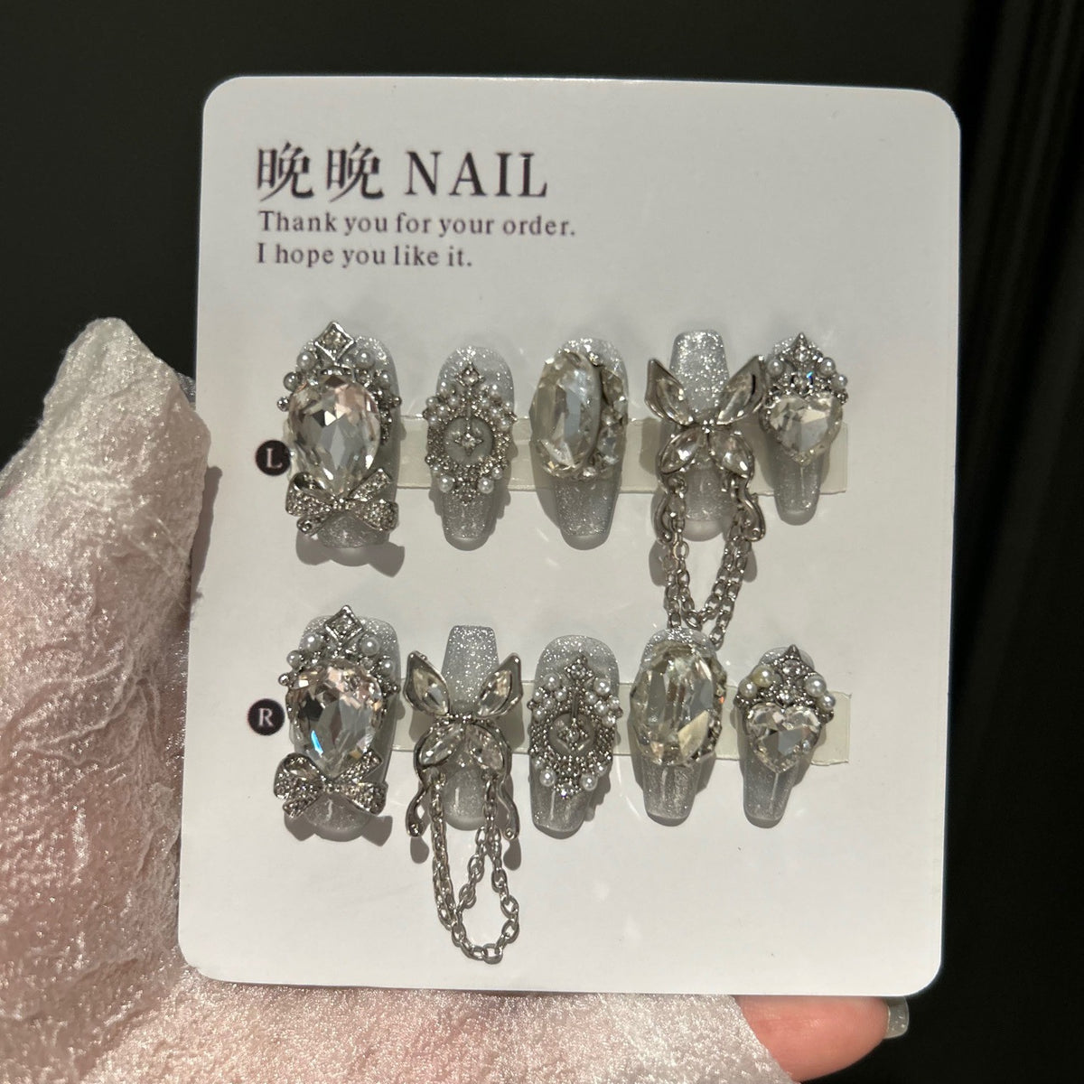 Handmade Silver Glitter Long Coffin Press On Nails with Giant Crystals, Rhinestone Bows & Dangling Chain Charms
