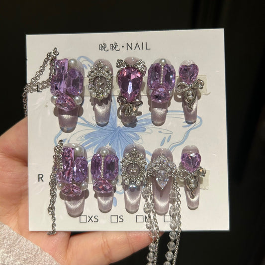 Handmade Light Purple Cat Eye Long Coffin Press On Nails with Large Purple Crystal & Pearl Bow Charms
