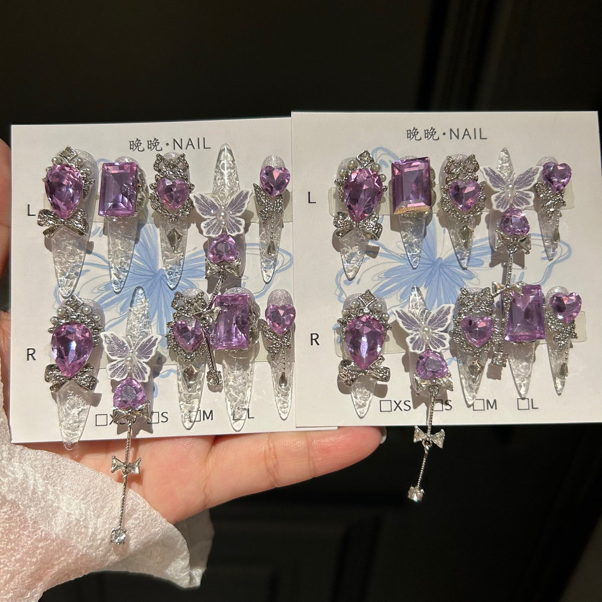 Purple Crystal Cat Eye Stiletto Press-on Nails with 3D Butterfly, Rhinestone, and Hanging Chain Charms - Luxury Fairy Fake Nail Set