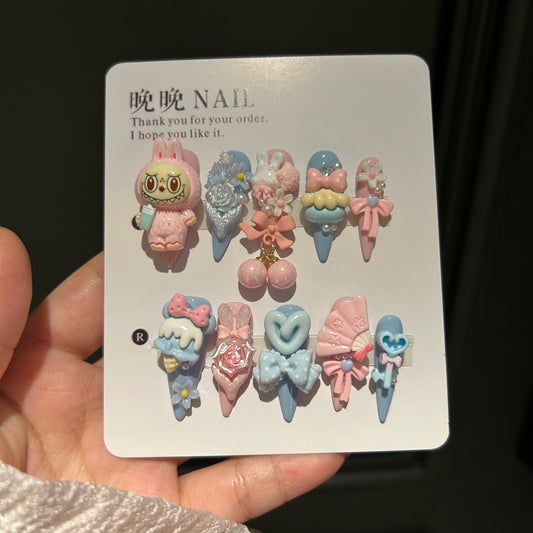 Handmade Cute Pink Blue Labubu Character Long Stiletto Press On Nails with 3D Charms & Bows