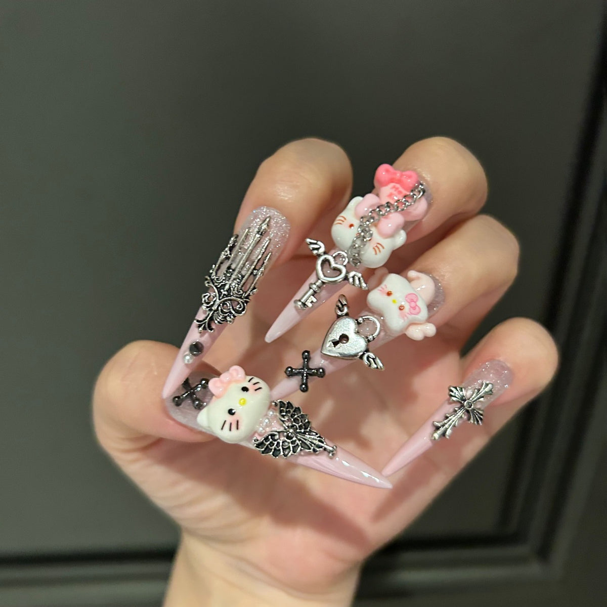 Handmade Pink Gothic Hello Kitty Long Stiletto Press On Nails with Spikes, Cross & Wing Charms