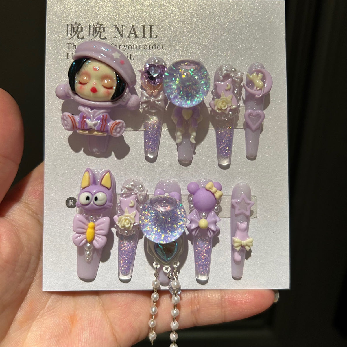 Handmade Light Purple Glitter Long Coffin Press On Nails with 3D Cartoon Doll, Rabbit, Shaker Bubble & Bow Charms