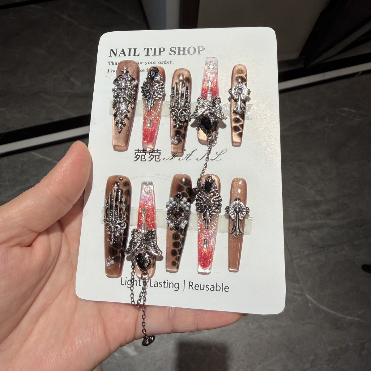 Handmade Leopard Print Champagne Long Coffin Press On Nails with Vintage Silver Cross, Wing & Dangling Chain Charms