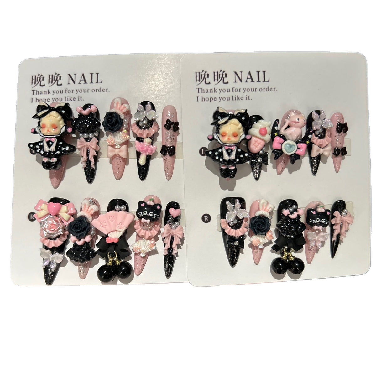 Gothic Black & Pink Cat Eye Stiletto Press-on Nails with 3D Doll Figurine, Black Rose, Cute Cat, Folding Fan, and Cherry Charm - Y2K Sweet Cool Fake Nail Set