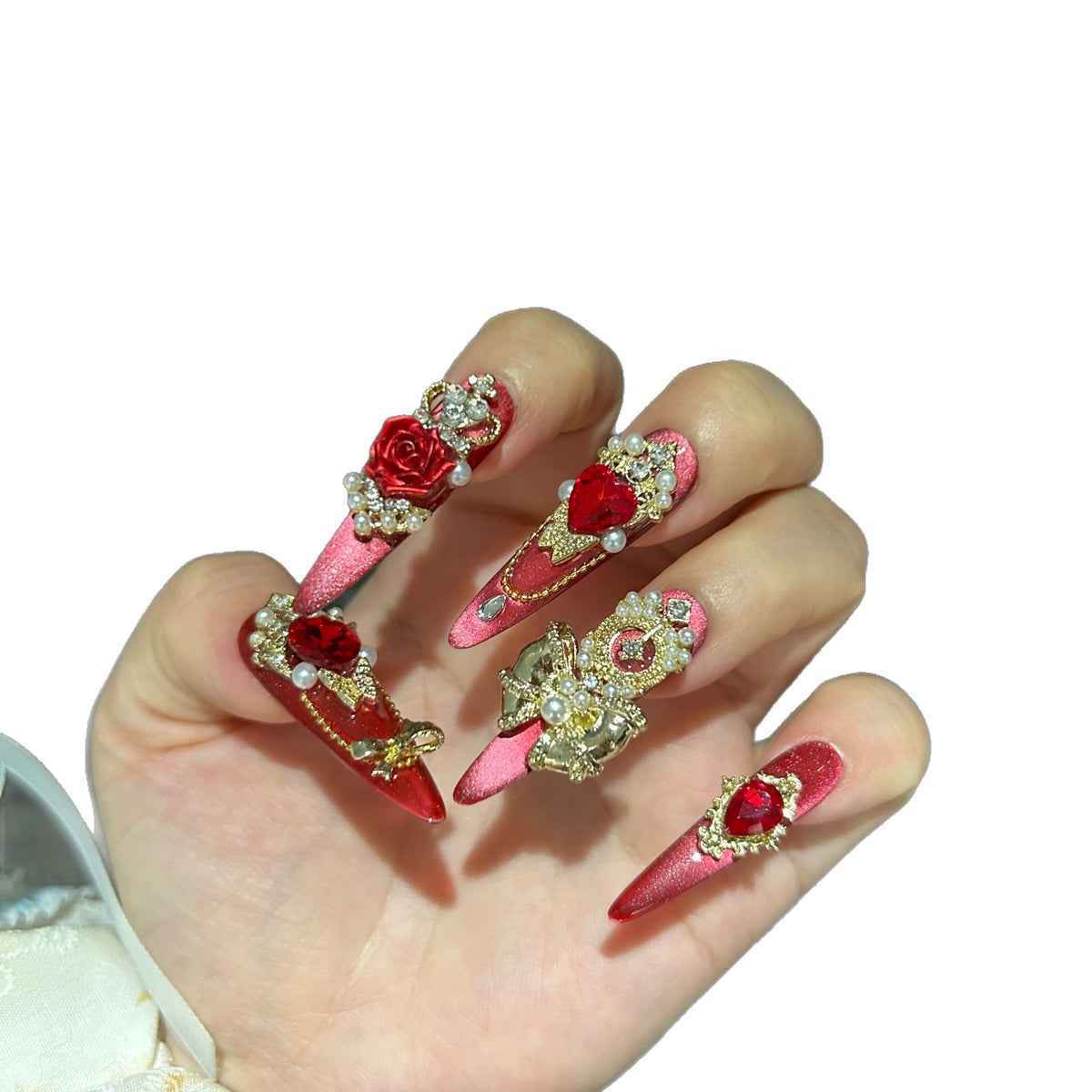 Handmade Red Metallic Long Stiletto Press On Nails with Red Heart Crystals, Gold Frame & 3D Red Rose Charms