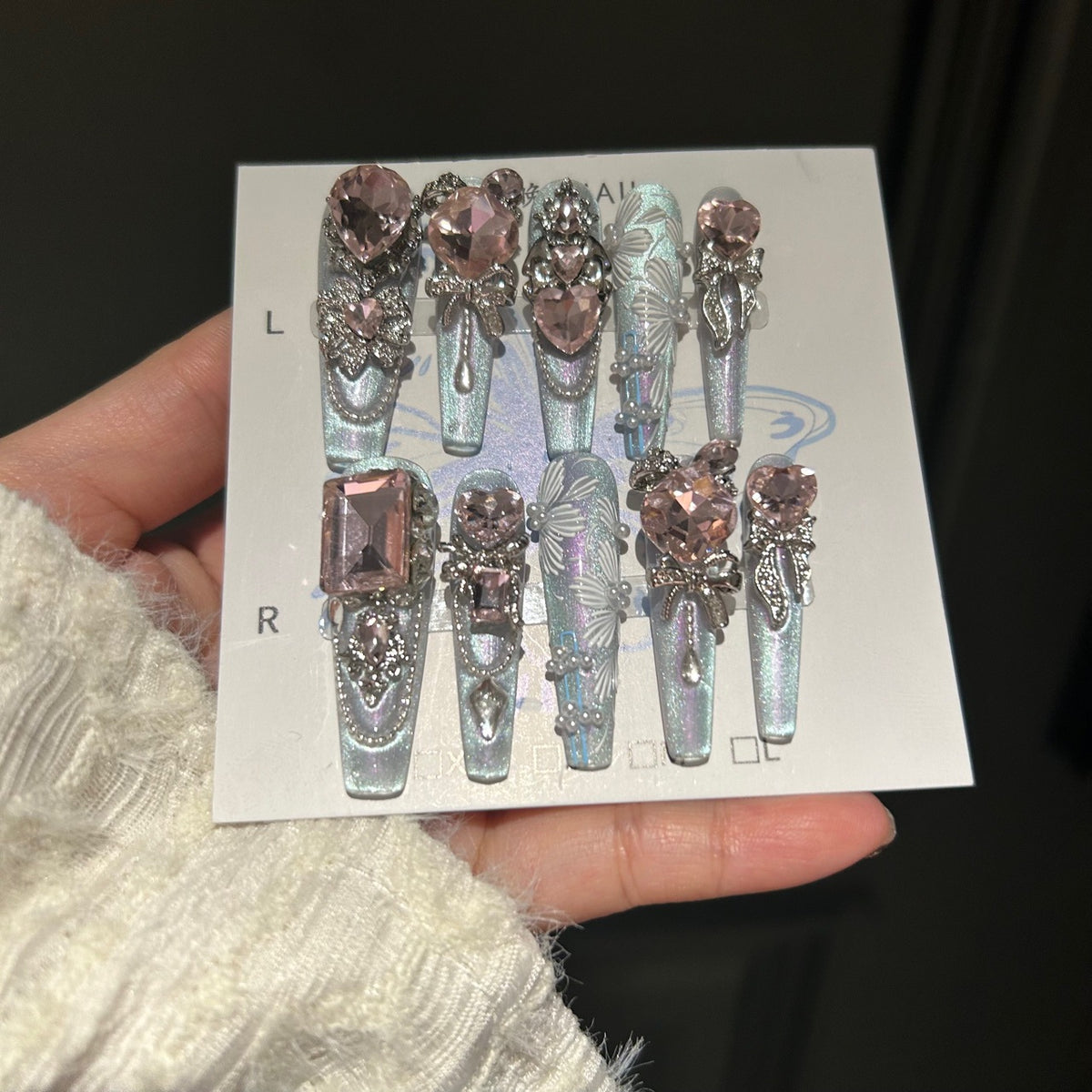 Handmade Light Blue Pink Heart Crystal Long Coffin Press On Nails with Butterfly & Pearls
