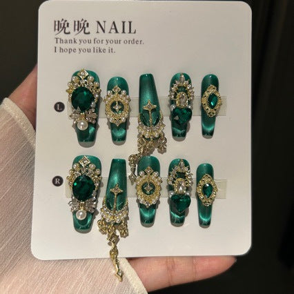 Handmade Emerald Green Cat Eye Press On Nails | Luxury White Cat Eye & 3D Butterfly Reusable Fake Nails, Heavy Industry Rhinestone Art