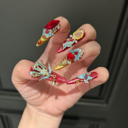 Handmade Chinese Style Red Gold Long Stiletto Press On Nails with Blue Phoenix Charms, Large Red Heart Crystals, Pearl Clusters & Gold Filigree