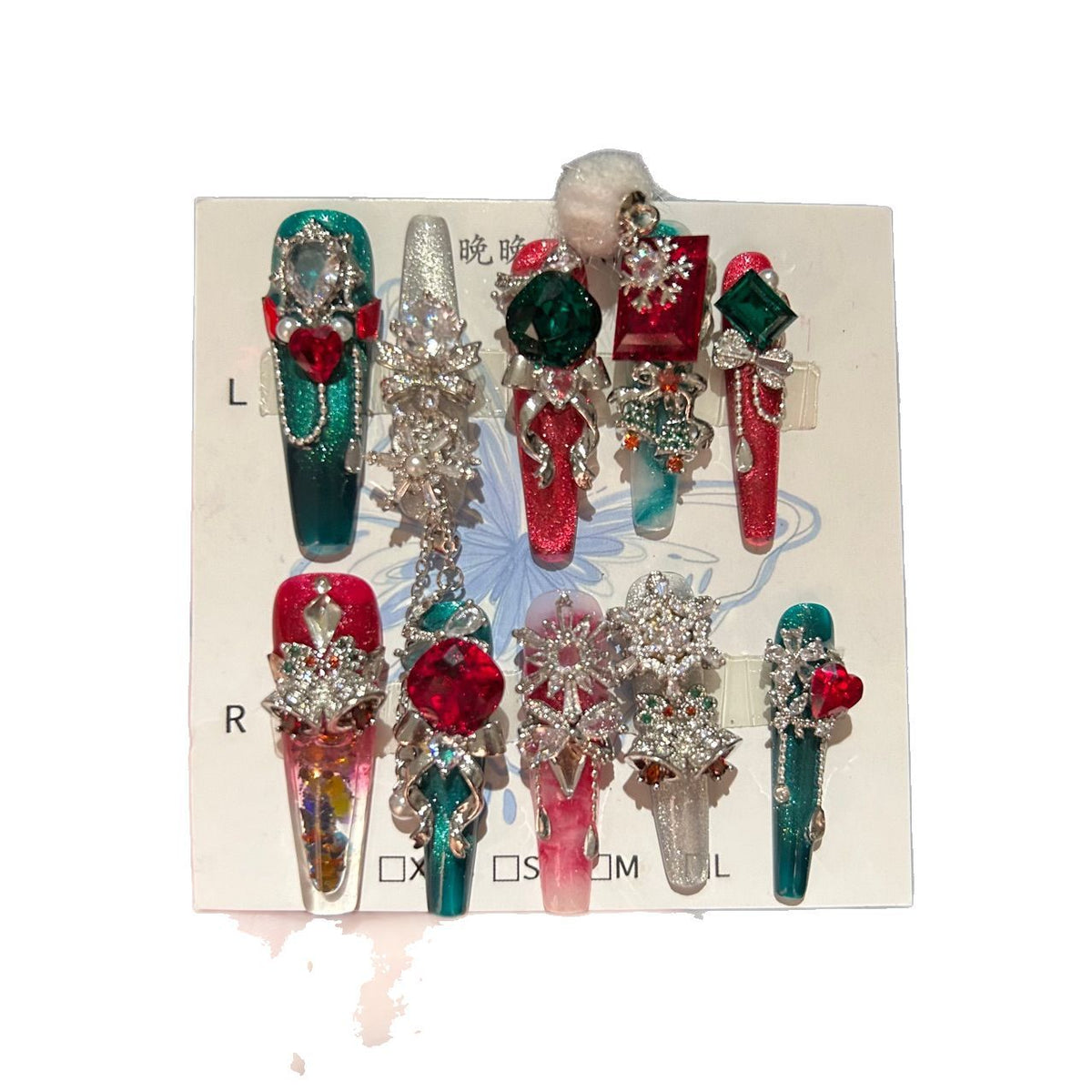 Red and Green Christmas Coffin Press-on Nails with 3D Ruby, Emerald Gem, Snowflake, and Hanging Chain Charms - Holiday Glam Fake Nail Set