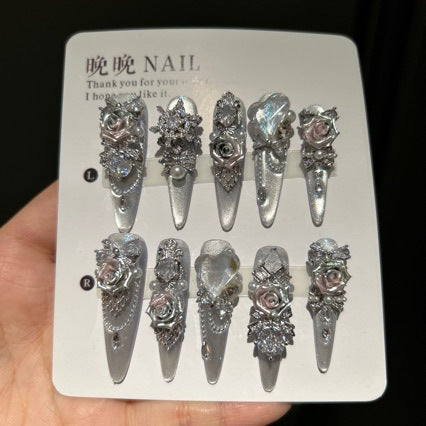 Silver Metallic Stiletto Press-on Nails with 3D Rose, Rhinestone, and Clear Heart Charms - Luxury Fake Nail Set