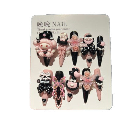 Handmade Pink Black Polka Dot Long Stiletto Press On Nails with 3D Cartoon Character, Bows & Rose Charms