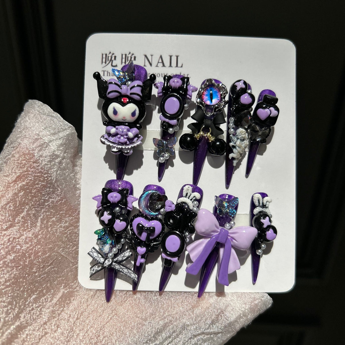 Handmade Purple Black Long Stiletto Press On Nails with 3D Kuromi Charms, Evil Eye, Bows, Skulls & Butterfly Rhinestones