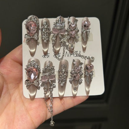 Handmade Nude Pink Cat Eye Press On Nails, Long Stiletto Fantasy Princess False Nails with Giant Pink Heart Rhinestones, Silver Castle Charms, Rhinestone Bows, Pearls & Dangling Silver Chains, Reusable Fake Nails for Wedding, Party & Cosplay