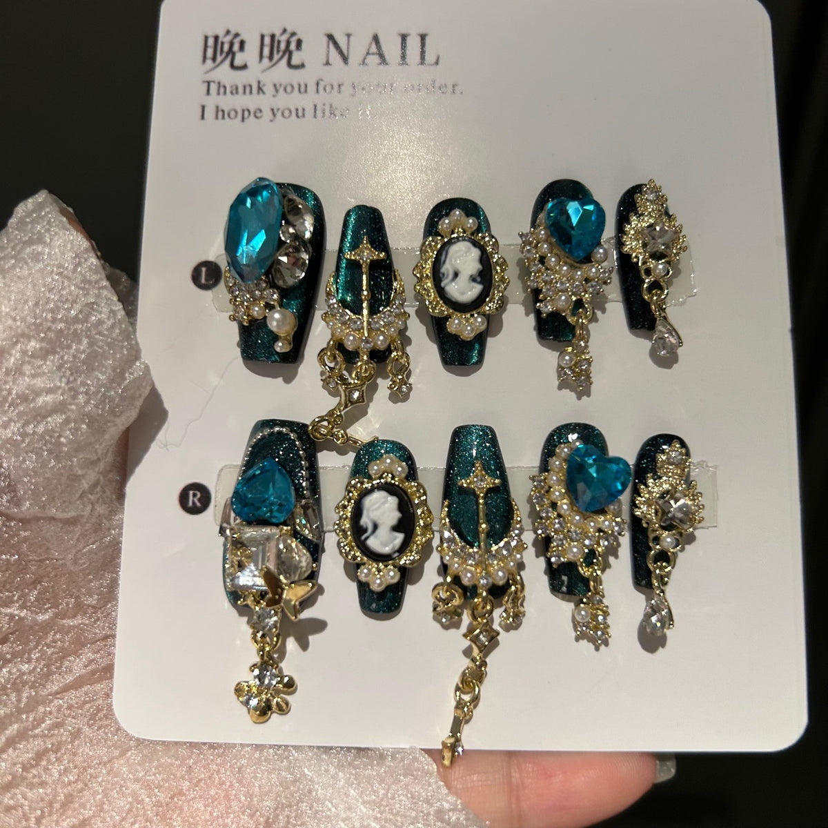 Handmade Dark Teal Glitter Long Coffin Press On Nails with Vintage Cameo Portrait, Large Aqua Blue Crystals, Gold Metal Charms & Dangling Chain Tassels
