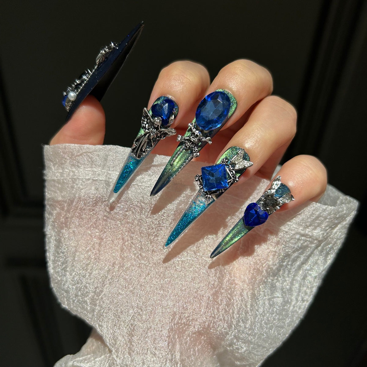 Handmade Chameleon Blue Gothic Skeleton Long Stiletto Press On Nails with Blue Gem Charms