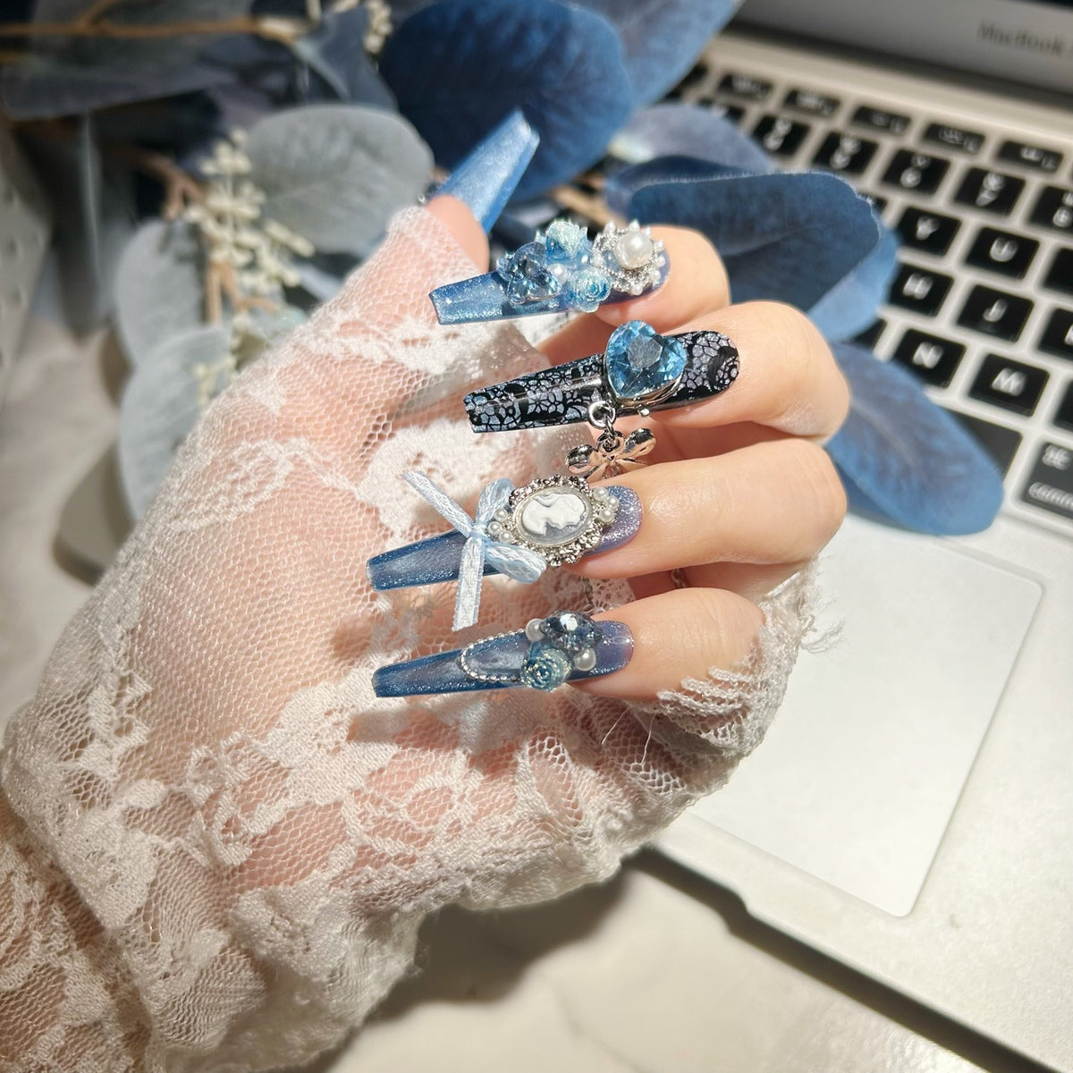 Handmade Sparkly Blue Glitter Long Stiletto Press On Nails with 3D Blue Roses, Vintage Cameo & Blue Heart Crystal Charms