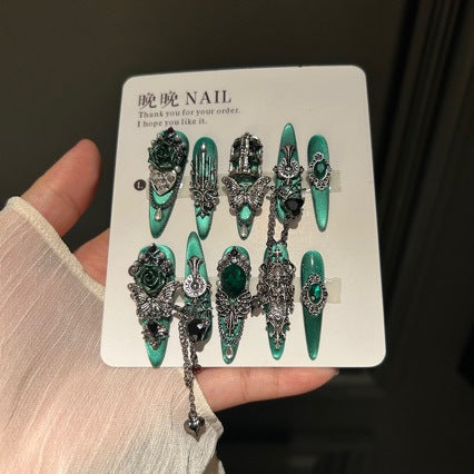 Handmade Blue Silk Press On Nails | Luxury Mysterious Green & Satin Glow Reusable Fake Nails, High-End Elegant Nail Art