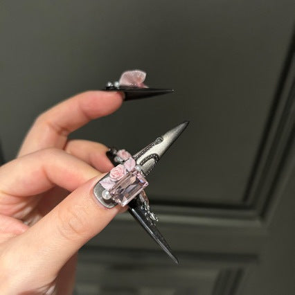 Gunmetal Grey Cat Eye Stiletto Press-on Nails with Oversized Pink Crystal, Sheer Bow, 3D Pink Rose, and Heavy Silver Carvings - Dark Sweet Cool Fake Nail Set