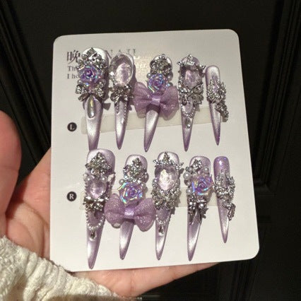 Handmade Lavender Metallic Long Stiletto Press On Nails with Iridescent 3D Roses, Glitter Bows, Rhinestone Butterfly & Crown Charms, Pearl Accents