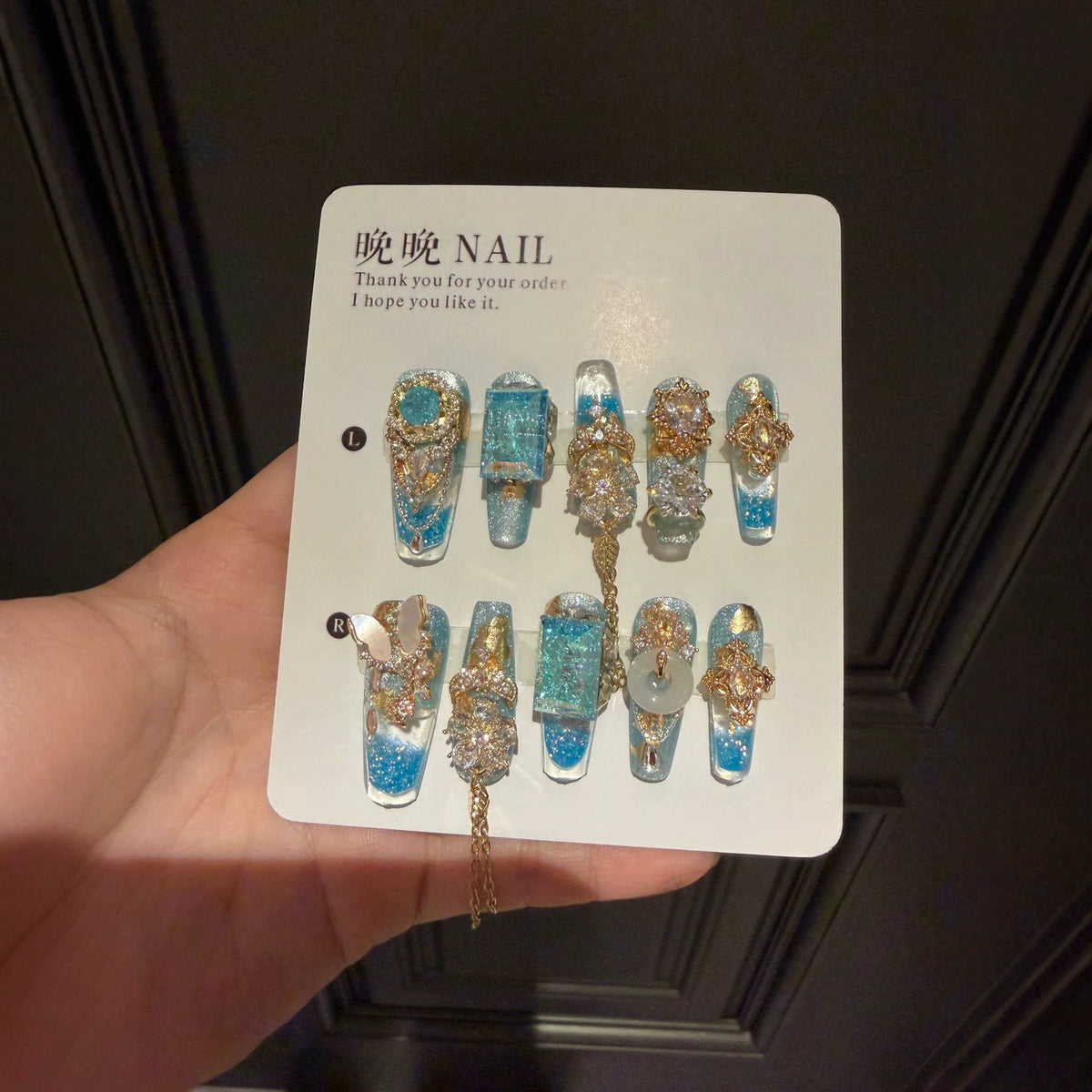 Blue and Gold Luxury Coffin Press-on Nails with 3D Crystal Gem, Jade Ring, Mother-of-Pearl Butterfly, and Golden Charms - Statement Fake Nail Set