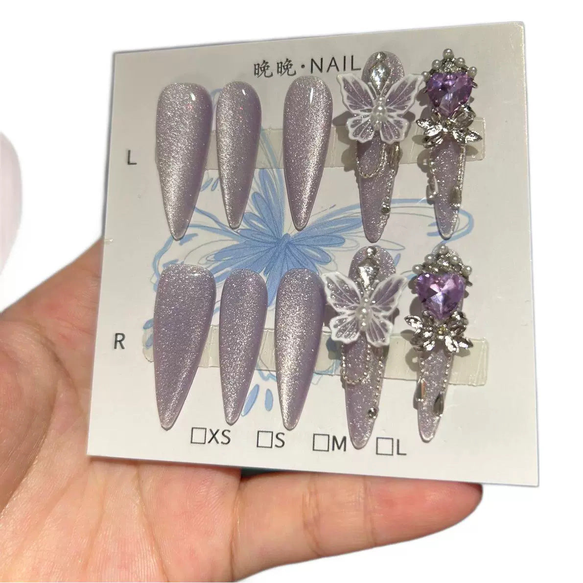 Handmade Lavender Cat Eye Press On Nails, Long Stiletto Fairy False Nails with 3D White Butterfly, Large Purple Heart Rhinestone, Pearls & Dangling Chain, Reusable Fake Nails for Wedding & Party
