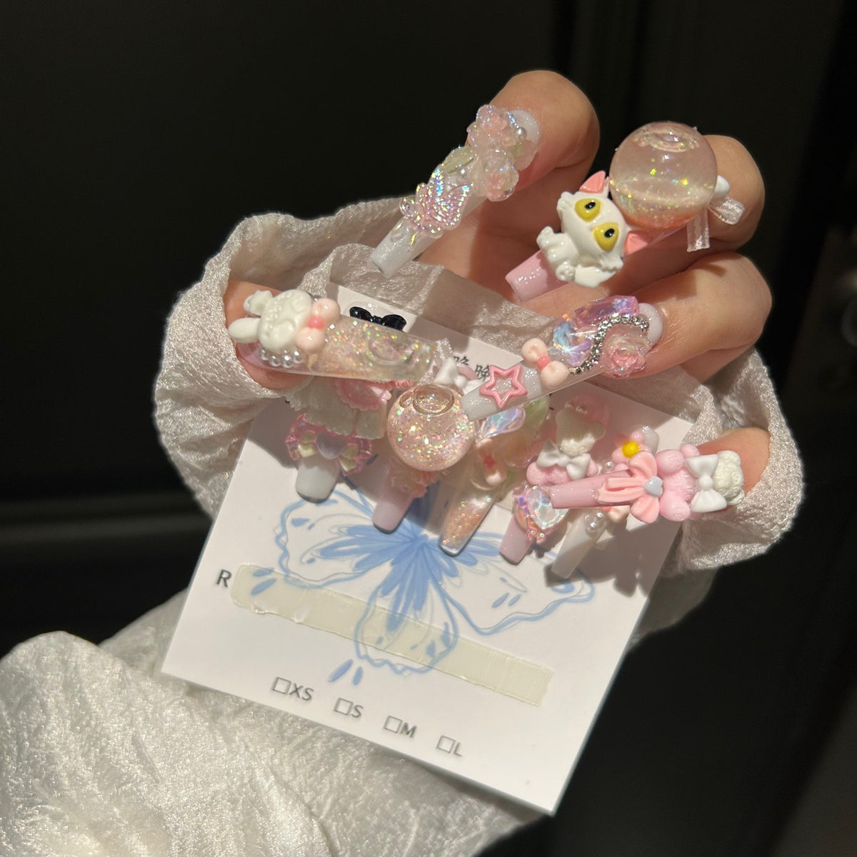 Handmade Kawaii Pink White Press On Nails, Long Stiletto Sweet False Nails with 3D Puppy, Bunny, Bear Doll Charms, Glitter Bubble Ball & Bow Rhinestones, Reusable Fake Nails for Cosplay Party