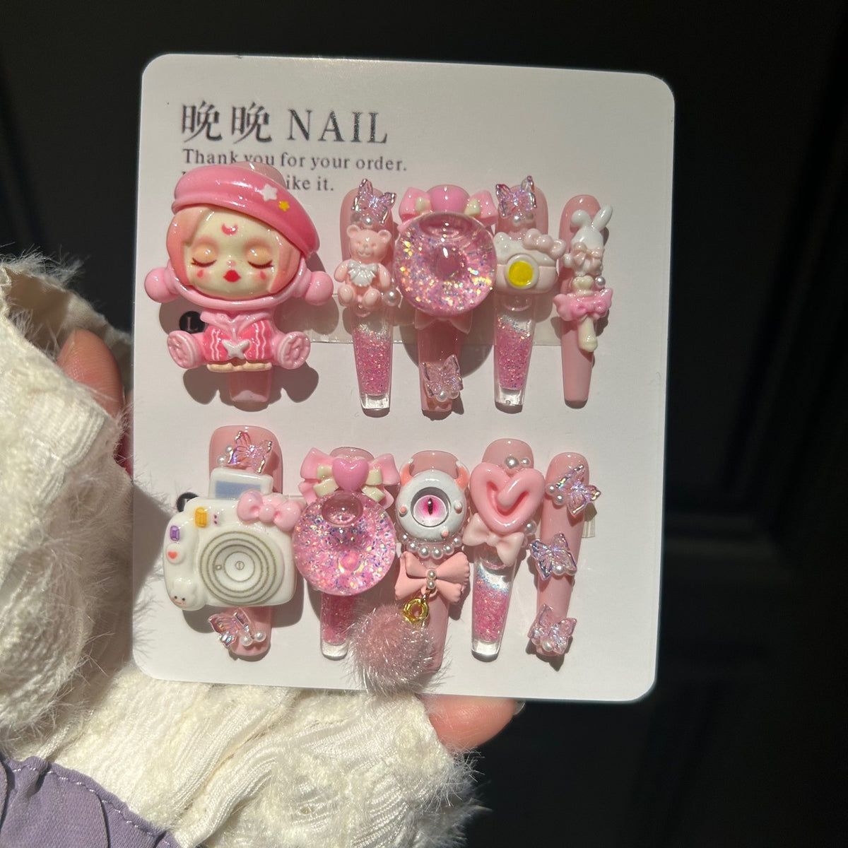 Handmade Pink Kawaii Press On Nails, Long Stiletto Weirdcore False Nails with 3D Sleeping Doll, Camera, Eyeball, Bunny & Bear Charms, Glitter Bubble Ball, Butterfly & Bow Rhinestones, Reusable Fake Nails for Cosplay & Party