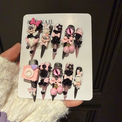 Pink & Black Cat Eye Stiletto Press-on Nails with 3D Cartoon Mouse, Cute Bear, Evil Eye, Cherry Charm, Ice Cream, and Bows - Y2K Sweet Cool Fake Nail Set