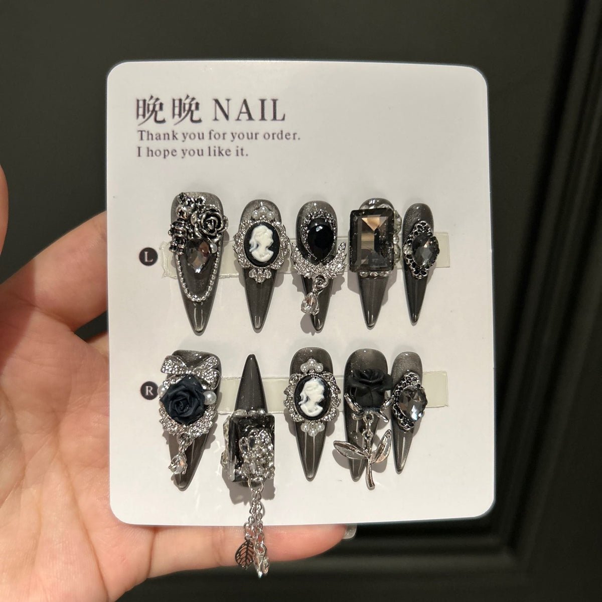 Handmade Black Gothic Cameo Portrait Long Stiletto Press On Nails with Black Roses & Rhinestone Chains