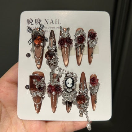 Handmade Vintage Rose Press On Nails | Luxury Heavy Industry 3D Flower & Gemstone Reusable Fake Nails, Dark Champagne Cat Eye Nail Art