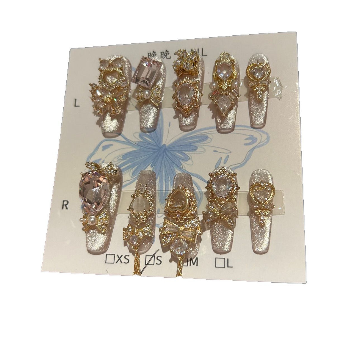 Champagne Silver Cat Eye Coffin Press-on Nails with 3D Bowknot, Crystal Jewels, and Hanging Chain Charms - Luxury Statement Fake Nail Set