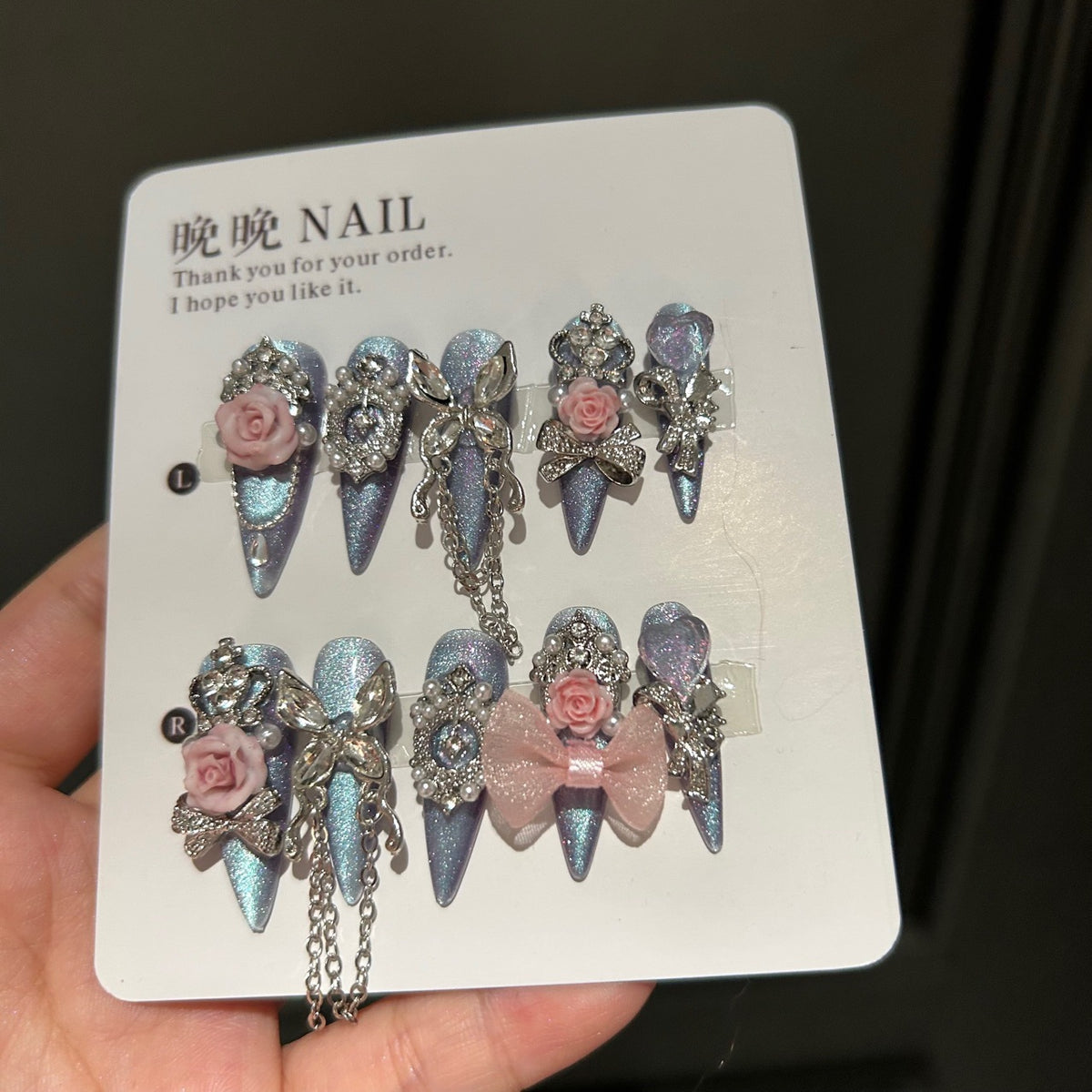 Handmade Smoky Grey Press On Nails | Luxury Dark Cat Eye & 3D Butterfly Reusable Fake Nails, Heavy Industry Rhinestone Nail Art
