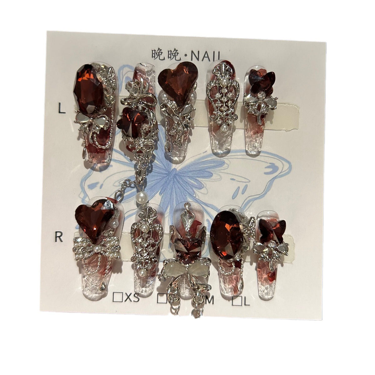 Handmade Red Smoke Gradient Long Coffin Press On Nails with Dark Red Heart Crystals, Butterfly Charms & Dangling Silver Chains