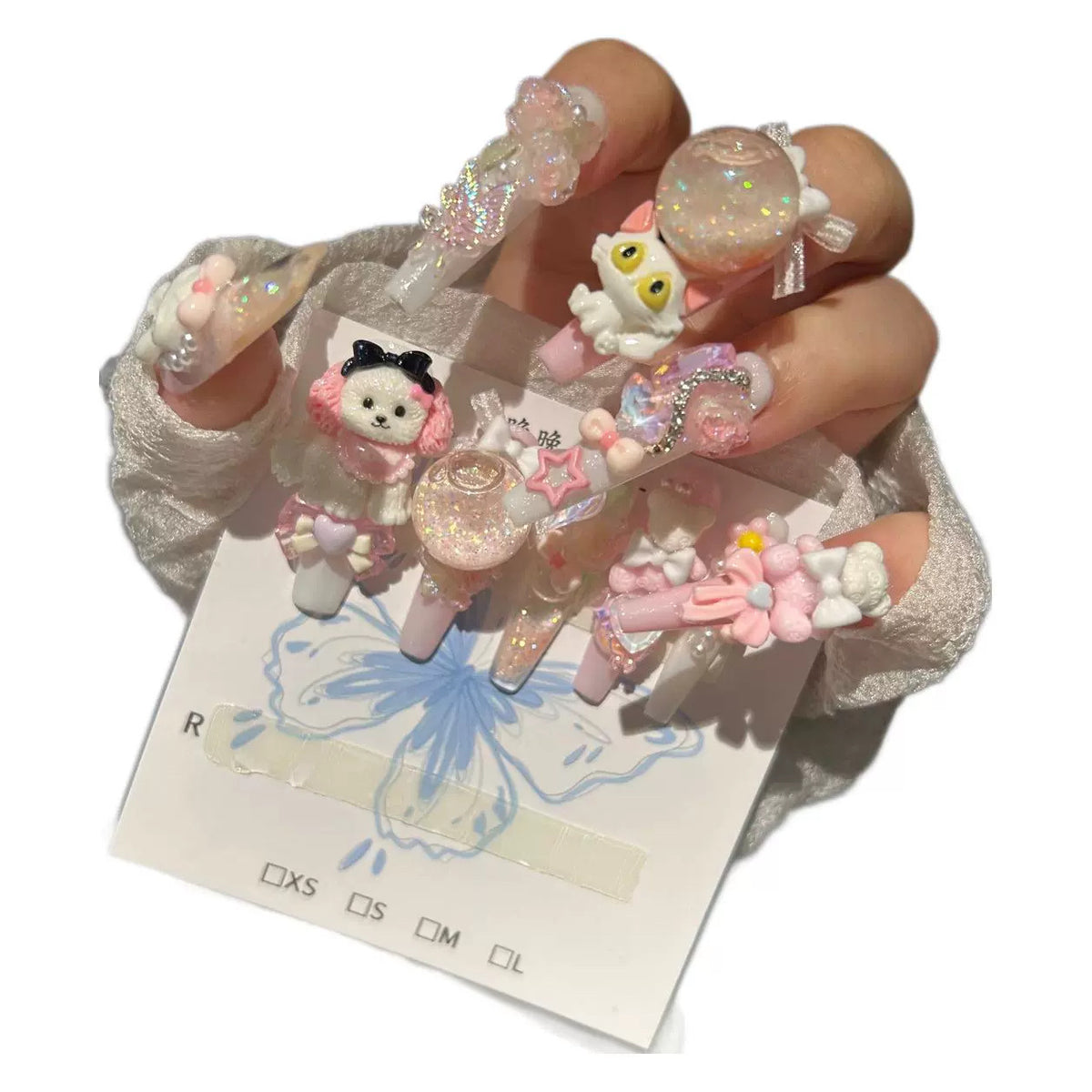 Handmade Kawaii Pink Glitter Long Coffin Press On Nails with 3D Puppy, Cat & Bunny Charms, Bubble Ball, Bow & Flower Decorations