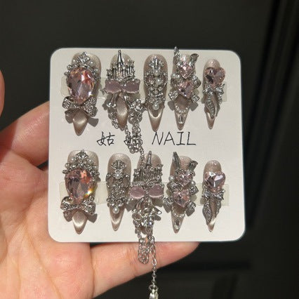 Handmade Nude Pink Cat Eye Press On Nails, Long Stiletto Fantasy Princess False Nails with Giant Pink Heart Rhinestones, Silver Castle Charms, Rhinestone Bows, Pearls & Dangling Silver Chains, Reusable Fake Nails for Wedding, Party & Cosplay