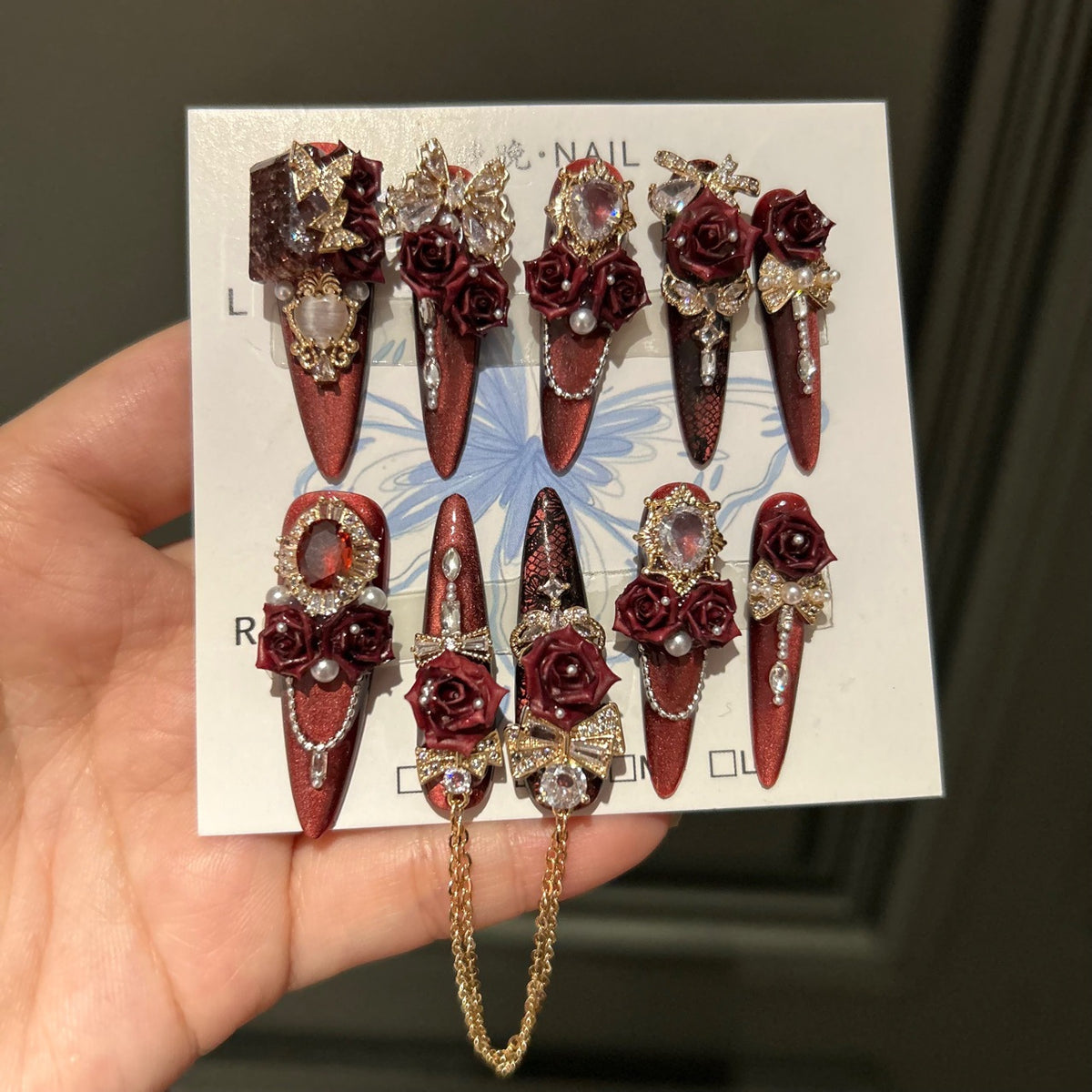 Handcrafted Designer Burgundy Press-on Nails - Metallic Cat Eye Base with Heavy 3D Floral, Rhinestones and Interconnected Chains