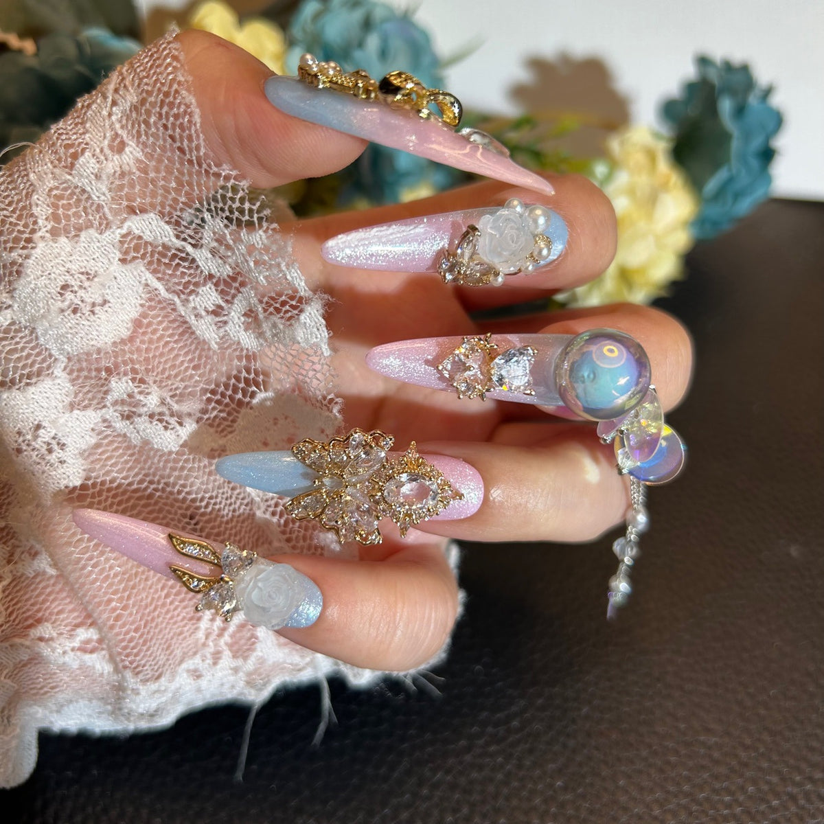 Handmade Pink Blue Gradient Cat Eye Long Stiletto Press On Nails with 3D White Roses, Gold Rhinestone Charms, Iridescent Bubble Ball & Pearl Chain Tassels
