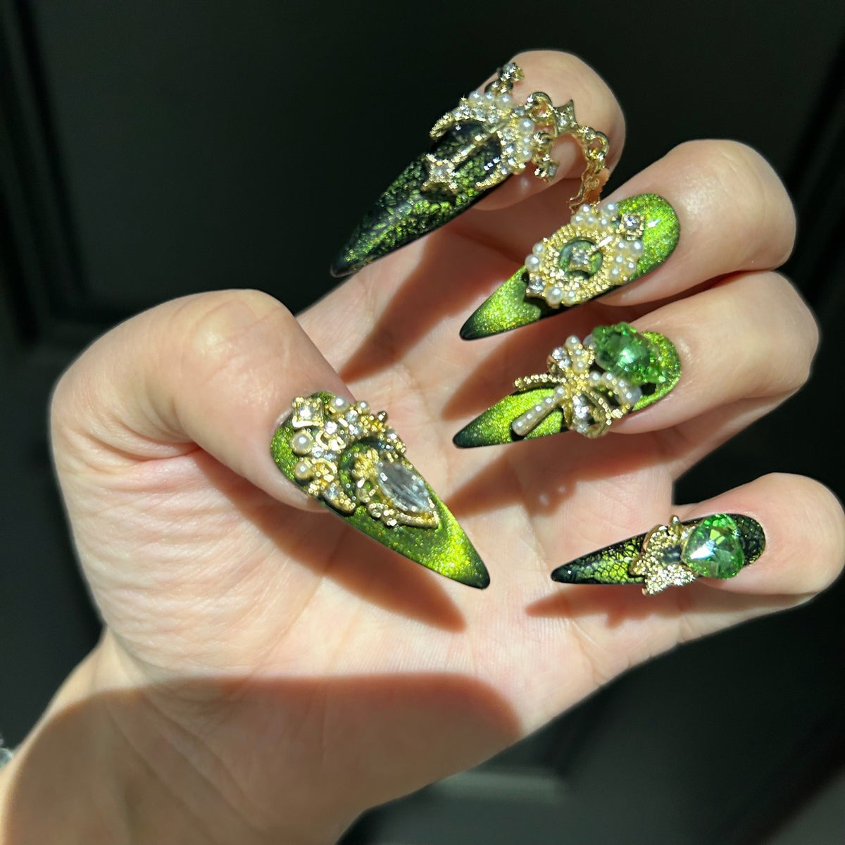 Handmade Emerald Green Cat Eye Long Stiletto Press On Nails with Giant Green Heart & Star Crystals, Gold Filigree & Pearl Ornaments