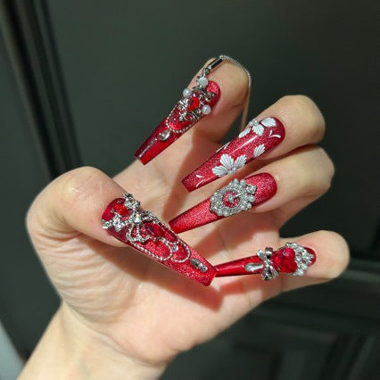 Handmade Red Cat Eye Press On Nails | Luxury Heavy Industry Red Gemstone, White Floral & Tassel Chain Reusable Fake Nails