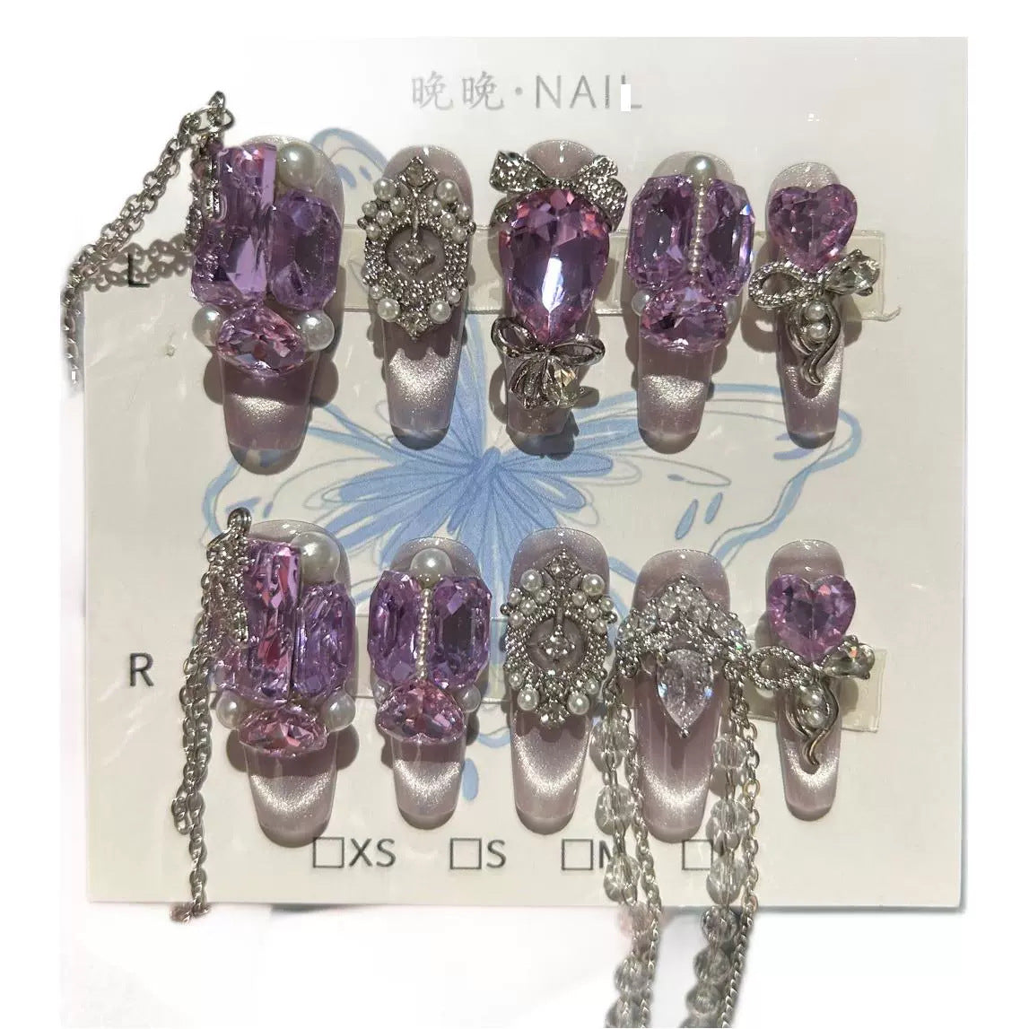 Handmade Light Lavender Cat Eye Long Coffin Press On Nails with Giant Purple Heart & Rectangle Crystals, Silver Rhinestone Bow Charms, Pearls & Dangling Chains