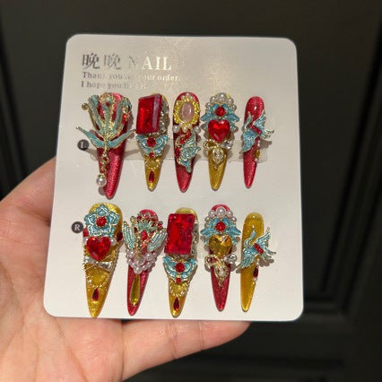 Handmade Chinese Style Red Gold Long Stiletto Press On Nails with Blue Phoenix Charms, Large Red Heart Crystals, Pearl Clusters & Gold Filigree