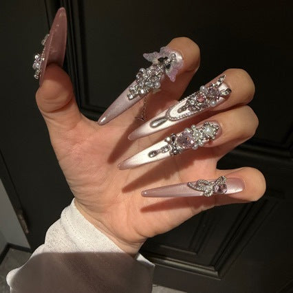 Handmade Nude Pink Metallic Long Stiletto Press On Nails with Giant Pink Crystals, Tulle Butterfly Charms, Pearl Clusters & Dangling Silver Chains