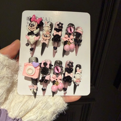 Pink & Black Cat Eye Stiletto Press-on Nails with 3D Cartoon Mouse, Cute Bear, Evil Eye, Cherry Charm, Ice Cream, and Bows - Y2K Sweet Cool Fake Nail Set