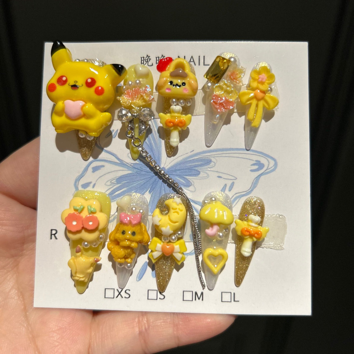 Handcrafted Designer Cartoon Press-on Nails - Shimmering Cat Eye Base with Heavy 3D Pikachu, Puppies and Cute Accessories