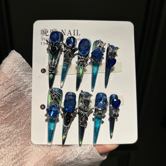 Handmade Chameleon Blue Gothic Skeleton Long Stiletto Press On Nails with Blue Gem Charms