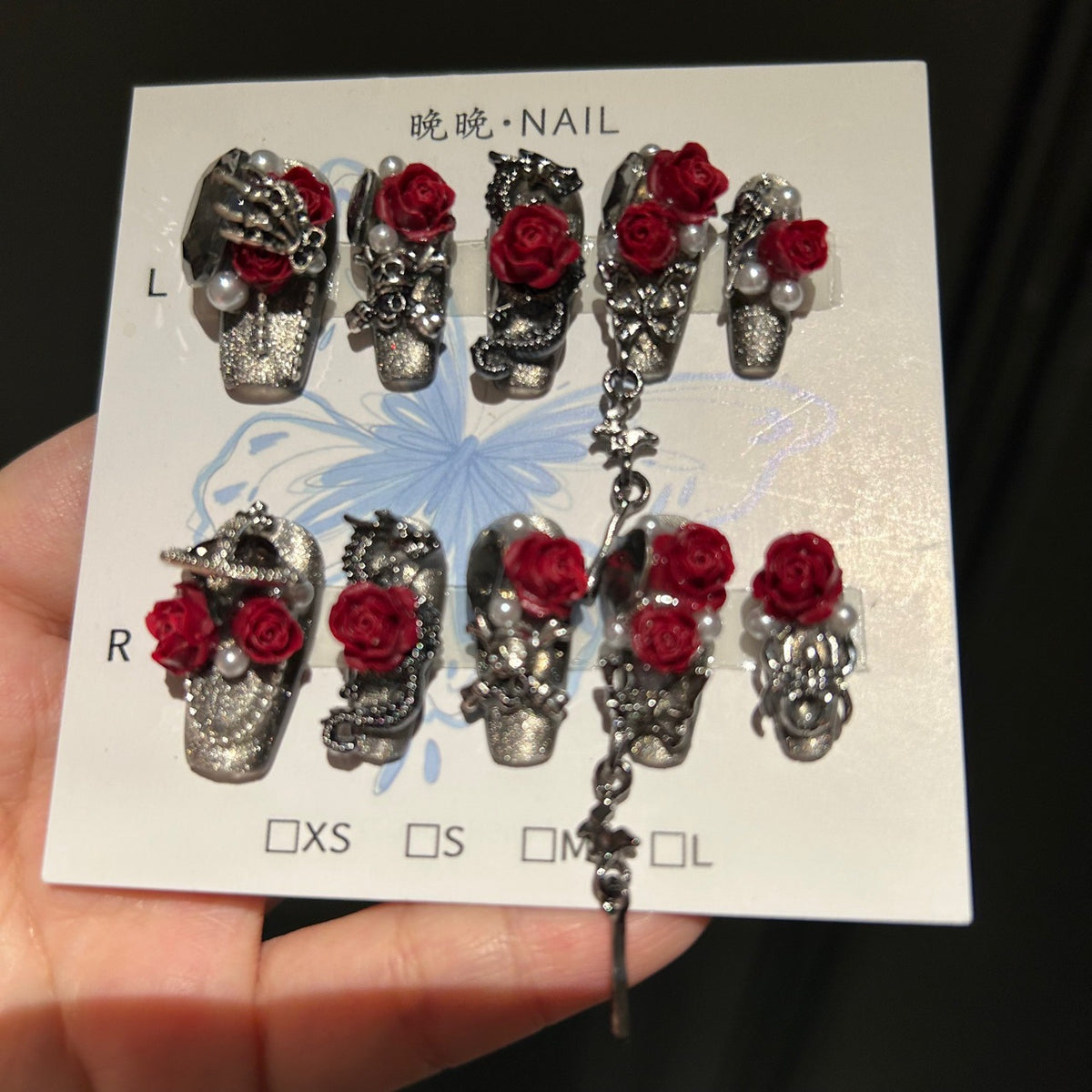 Handmade Metallic Silver Gothic Long Coffin Press On Nails with 3D Red Roses, Skeleton Hand & Dragon Metal Charms, Pearls & Dangling Chains
