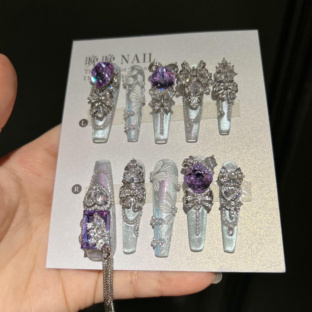 Handmade Mint Green Cat Eye Long Coffin Press On Nails with Giant Purple Heart Crystals, White 3D Butterfly Prints, Silver Rhinestone Bows & Dangling Chains