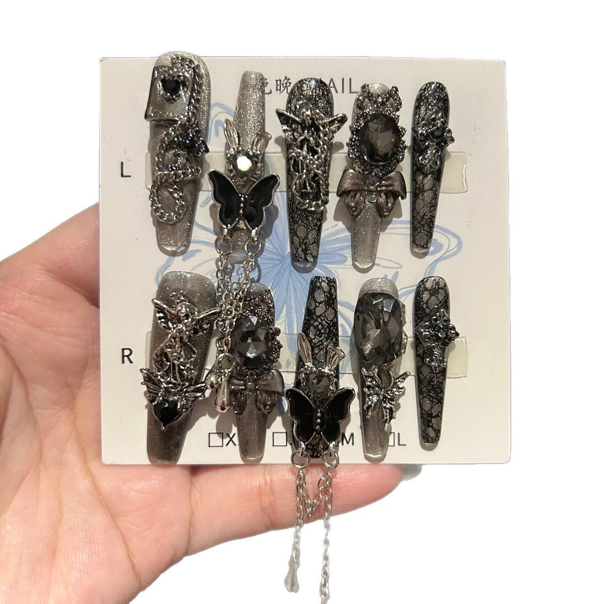 Dark Silver Cat Eye Coffin Press-on Nails with 3D Black Crystal, Lace Texture, Angel, and Hanging Chain Charms - Gothic Glam Fake Nail Set