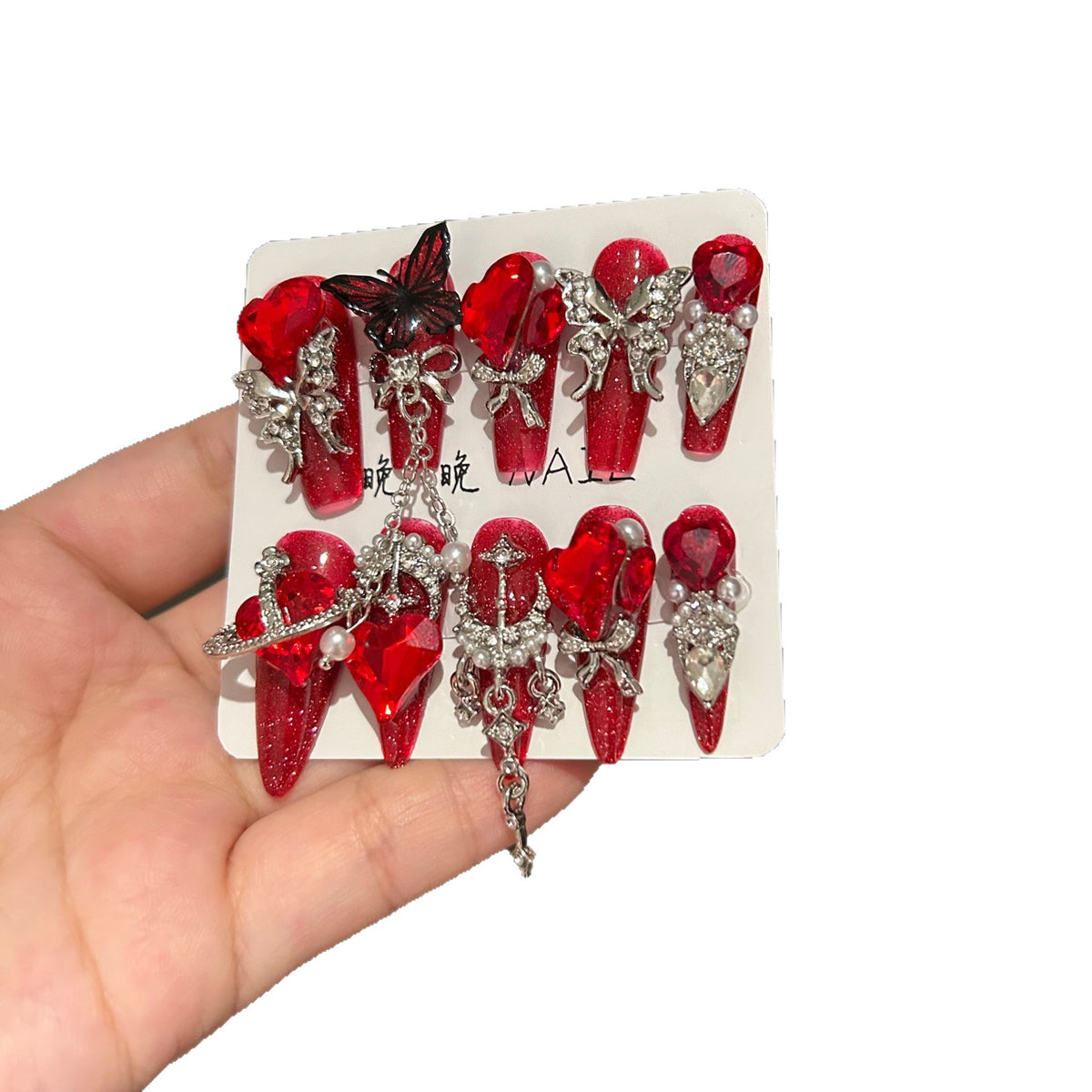 Handmade Red Glitter Long Coffin Press On Nails with Giant Red Heart Crystals, Butterfly Charms & Silver Dangling Chains